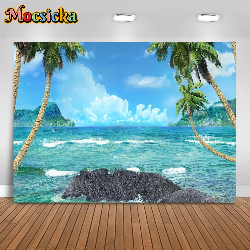 

Mocsicka Photography Background Summer Seaside Reef Palm Tree Decor Backdrop Boys Girls Birthday Party Kids Photo Studio Banner