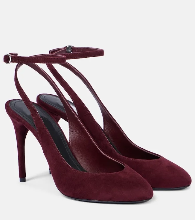 

Burgundy Suede Ankle Buckle Strap Pumps Round Toe Stiletto Thin High Heel Runway 2025 Spring Summer Women Dress Shoes
