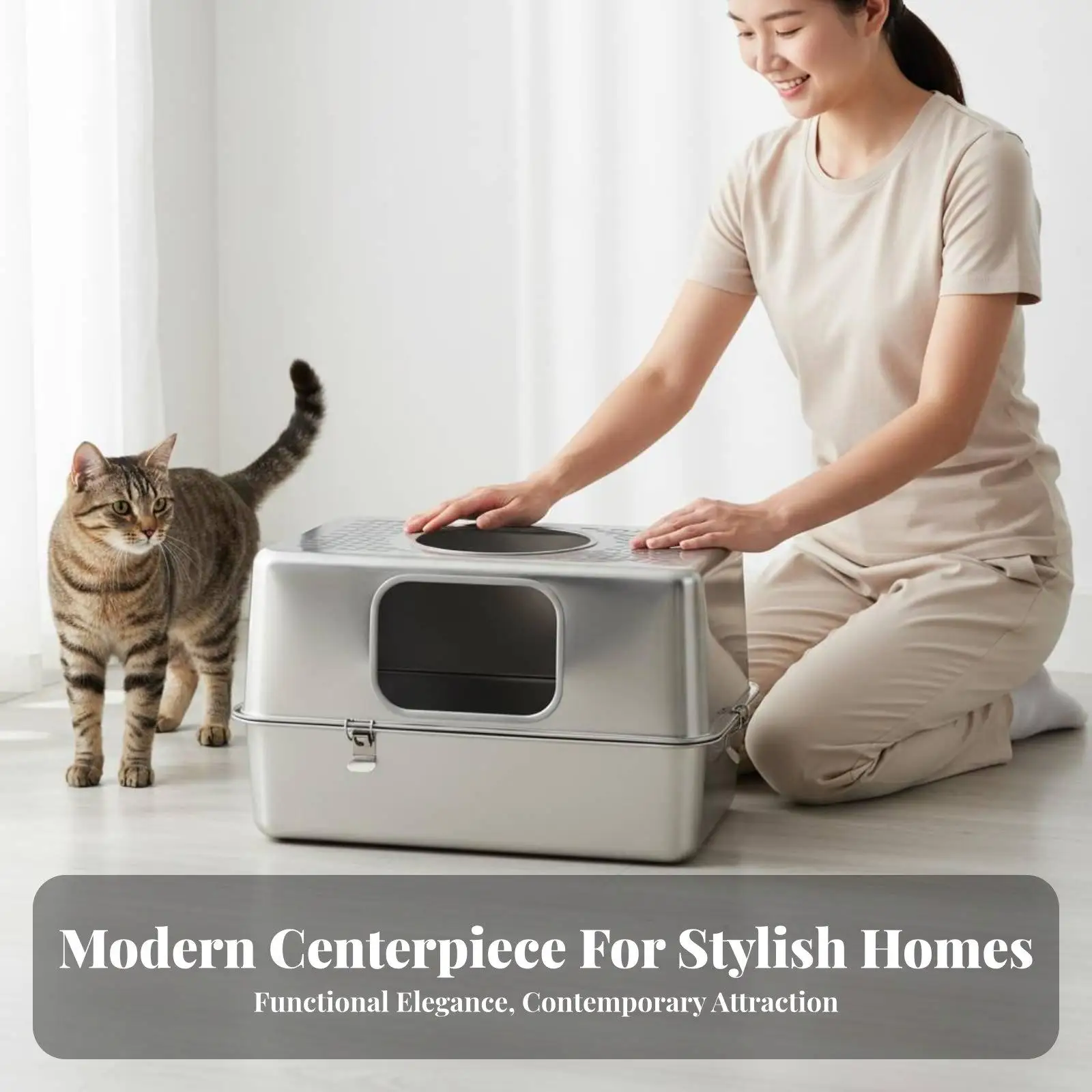 Enclosed Steel Cat Bathroom Container for Indoor Use with Top Entry Lid and Quick Release