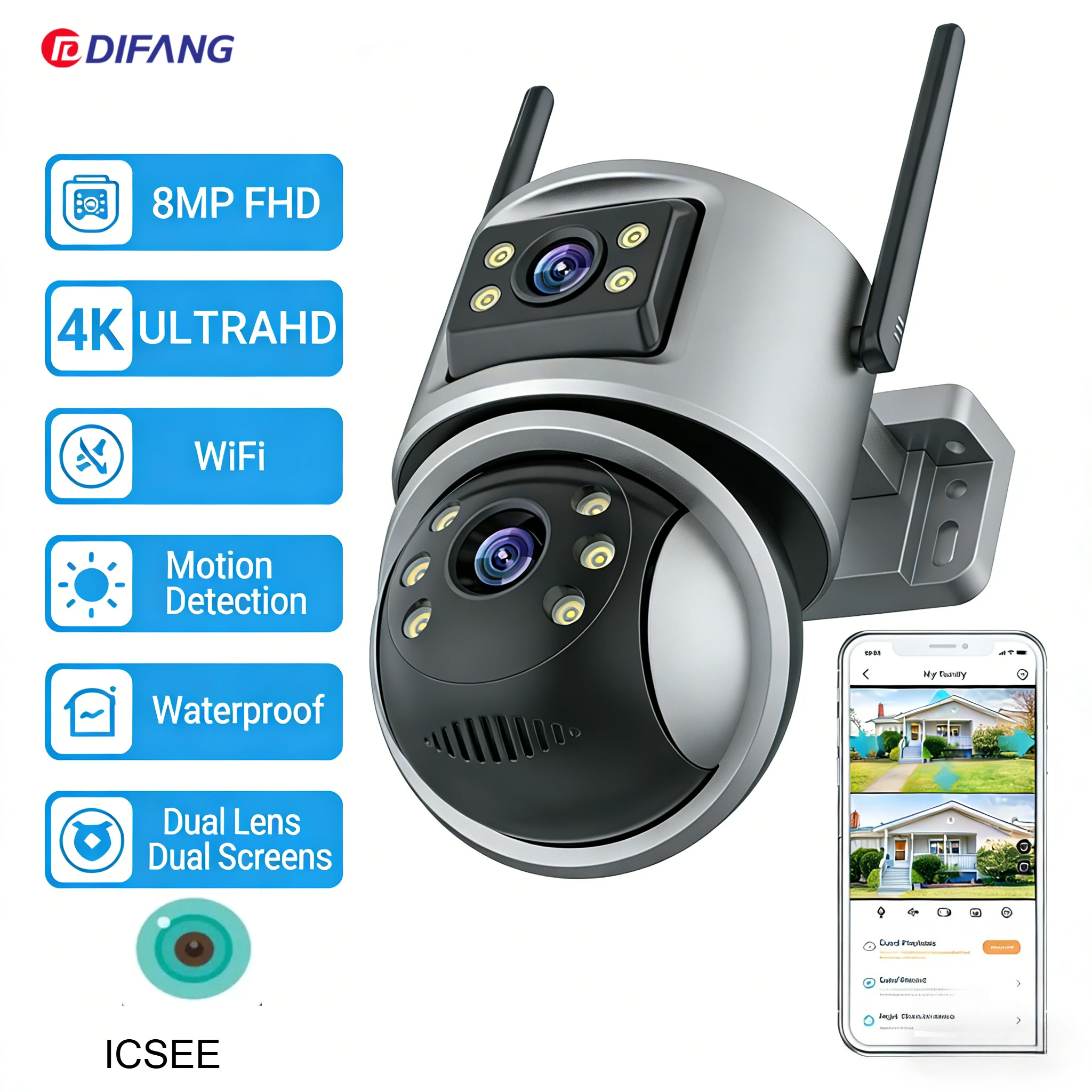 8MP HD Dual Screen WiFi IP Camera Icsee P2P Mini Dome CCTV AI Motion Tracking Waterproof External Home Security Surveillance Cam
