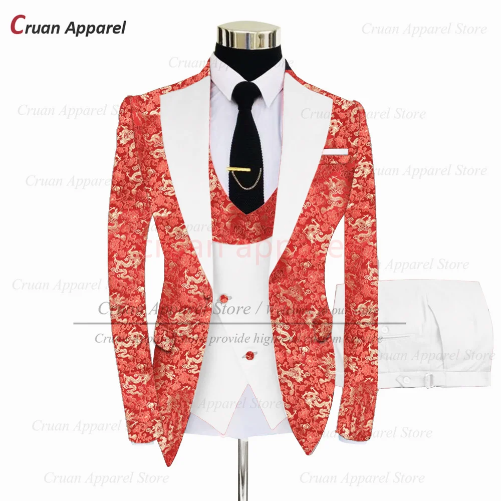 Fashion Red Suit Set For Men Wedding Party Groomsman Luxury Outfits Tailor-made Classic One Buttons Blazer Vest Pants 3 Pieces