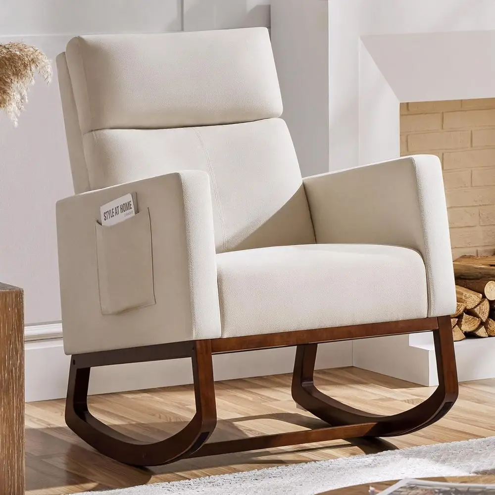 28in Wide Padded High Back Nursery Rocking Chair, Beige Polyester | Thick oam Glider Chair, Nursing Chair with High Back, Side k