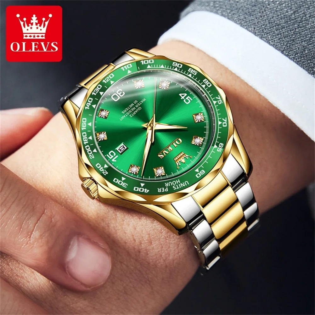 OLEVS Golden Green Quartz Watch for Men Luxury Brand Diving Waterproof Stainless steel Rubber Strap Men\'s Watches Original 9988