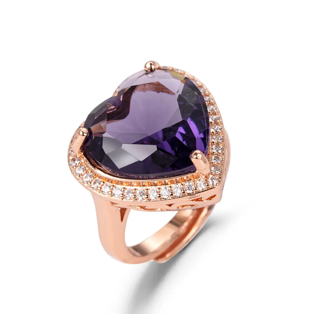 WOSIKATE Korean Heart-shaped Amethyst Ring For Women 925 Sterling Silver Rose Gold Plated Purple Zirconia Opening Ring Jewelry