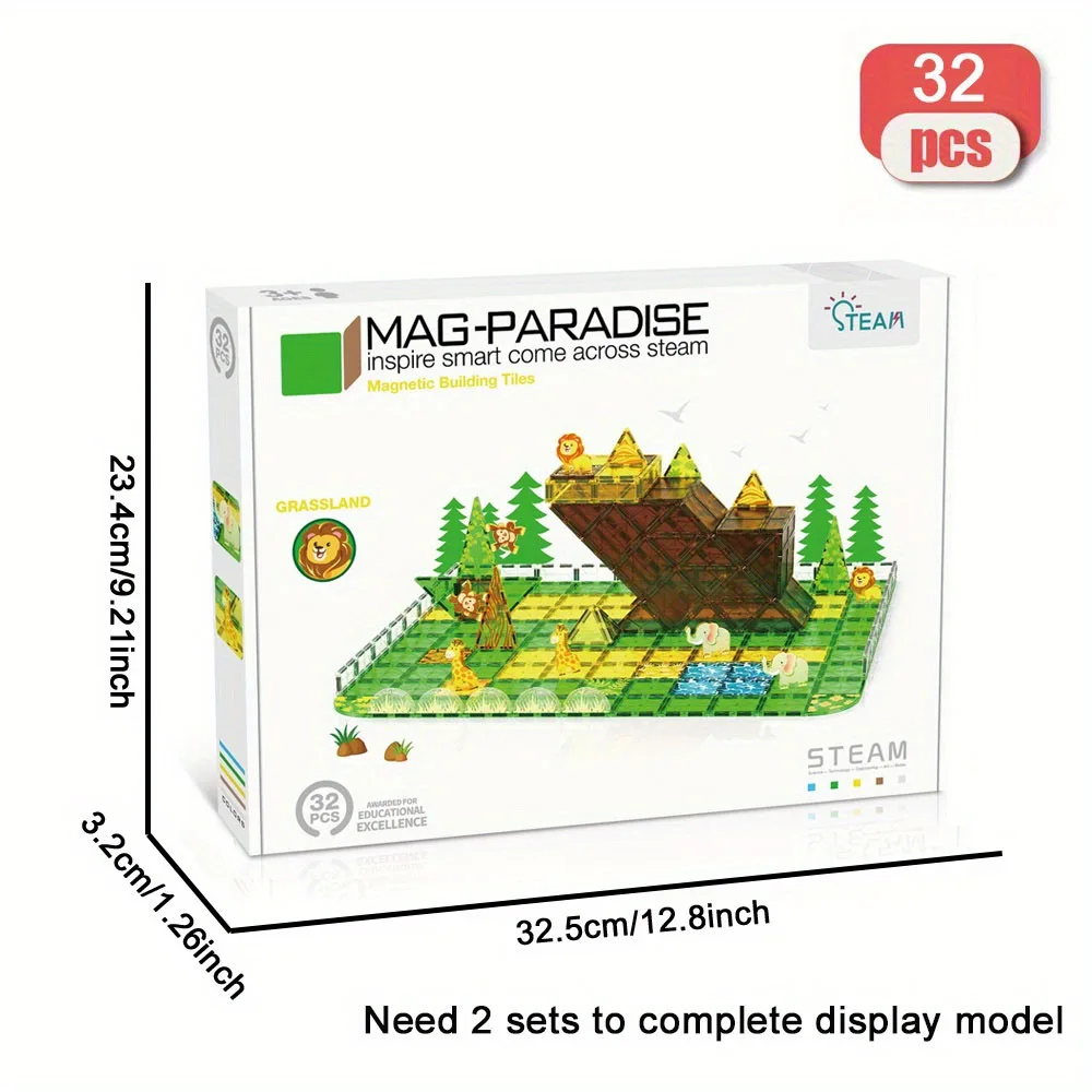 DIY 32pcs Grassland Animals Magnetic Building Blocks - Large STEM Toy Set Creative Magnetic Toys, Children Educational Gift