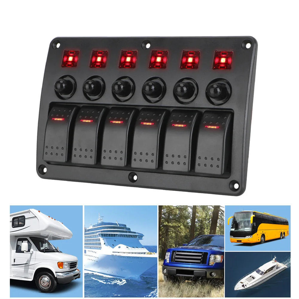 Car Switch Panel with Sticker 6 Gang Marine Rocker Switch Panel Auto Replacement Parts Waterproof LED Light