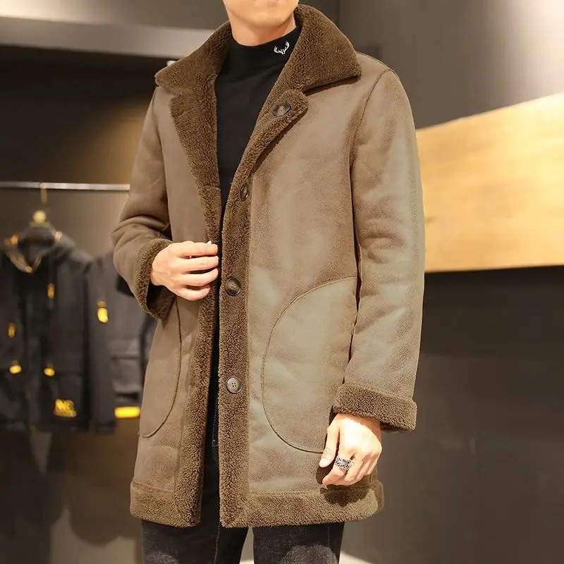 Autumn and Winter Lamb Fleece Coat for Men with Thickened Two Sided Wearing Middle Elderly Button Loose Medium Length Top C25