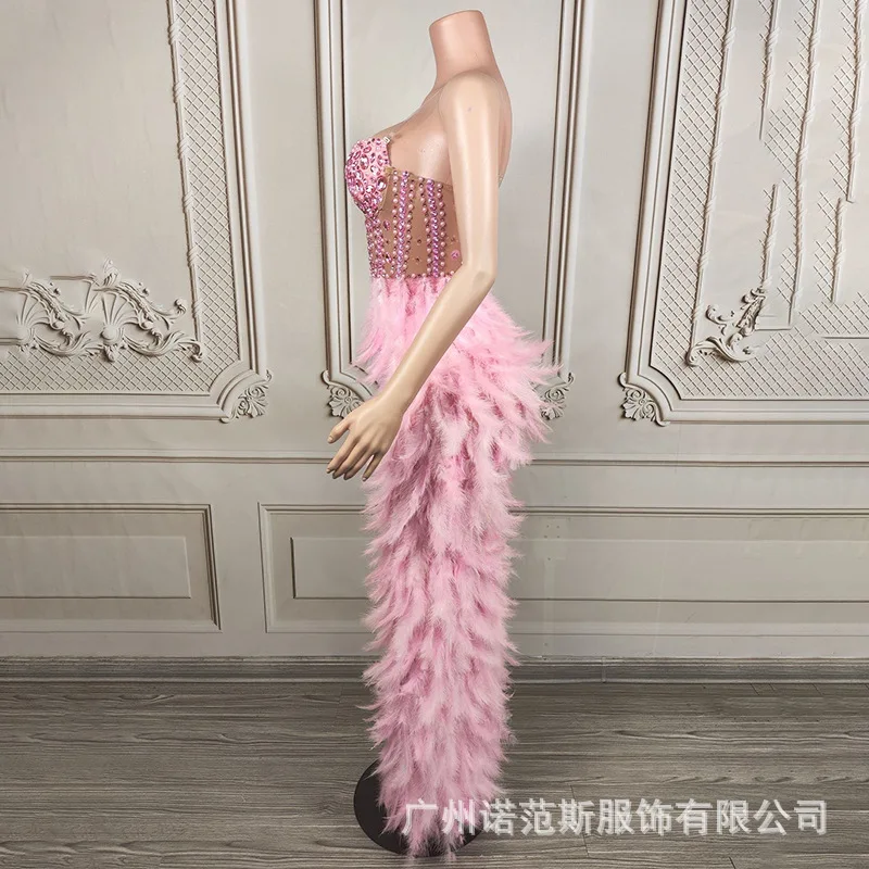 Temperament Pink Fishbone Waist Feather Dress Socialite Birthday High-end Dress Model Catwalk Trendy Clothes Luxury Prom Dresses