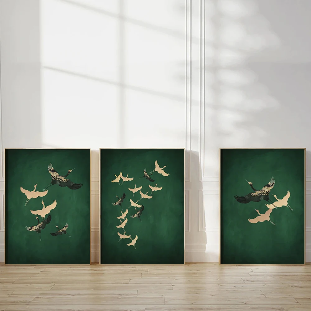 

Abstract Vintage Crane Birds Canvas Painting Wall Art Minimalist Emerald Green Japandi Art Poster Prints For Bedroom Home Decor