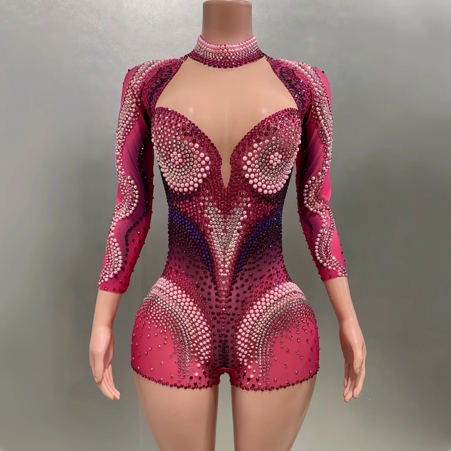 Full Diamond Pink Pearls Sexy Boxer Shorts Bodysuit Nightclub Bar Performance Costume Singer Evening Party Show Bodysuit Outfit