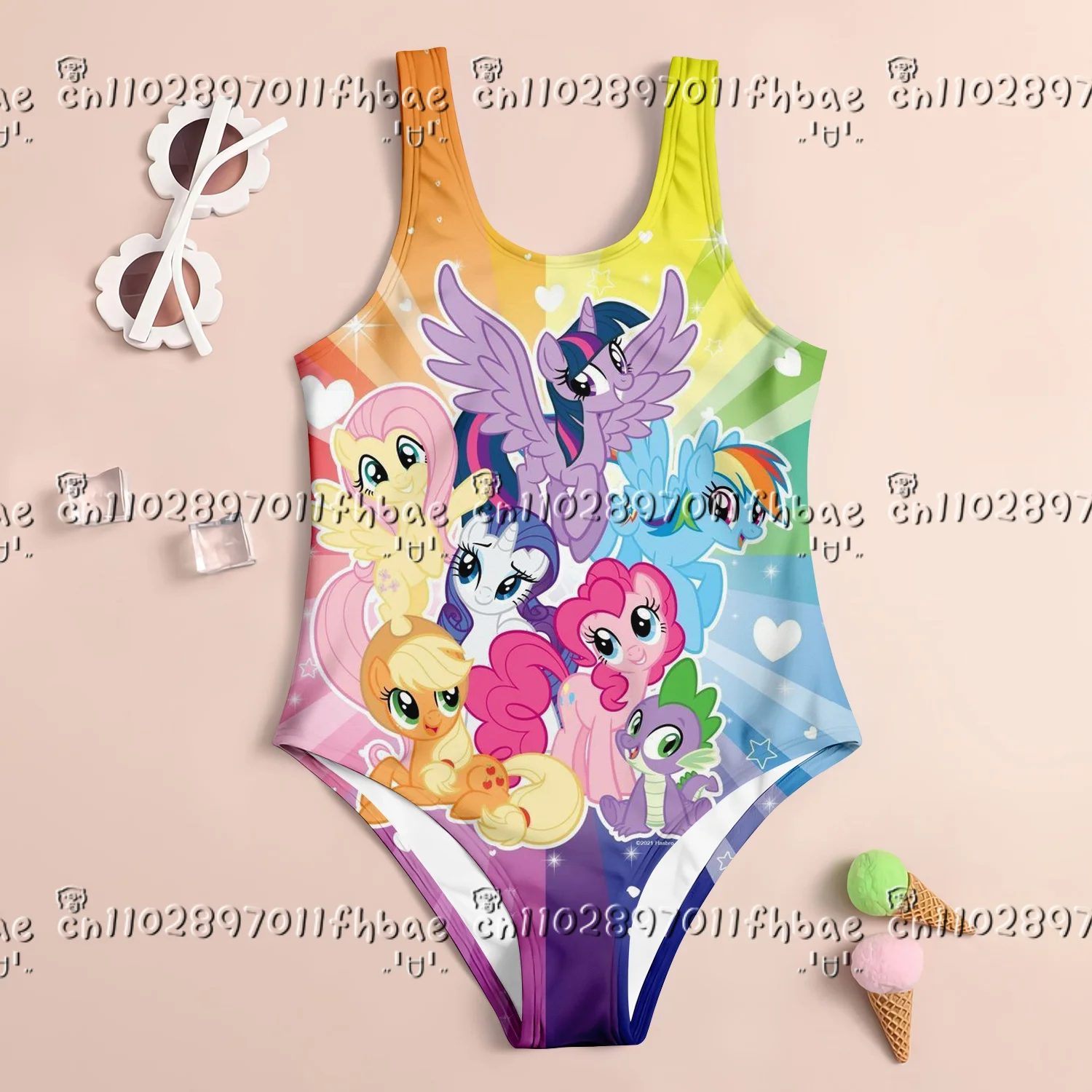 

New MINISO Girl Summer OnePiece Swimsuit Fashion Cartoon Xiaoma Baoli 3d Print Women Swimwear Sleeveless 2025 Beach Clothing