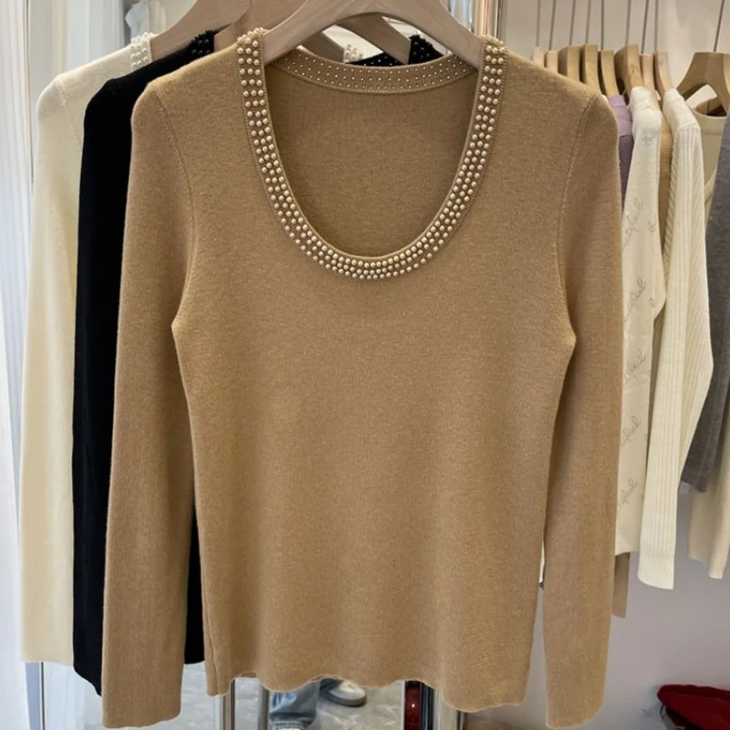 

Oversized Office Lady Simplicity Embroidered Flares Bottoming Shirt Autumn Winter Temperament Solid Color O-neck Pullovers Tops