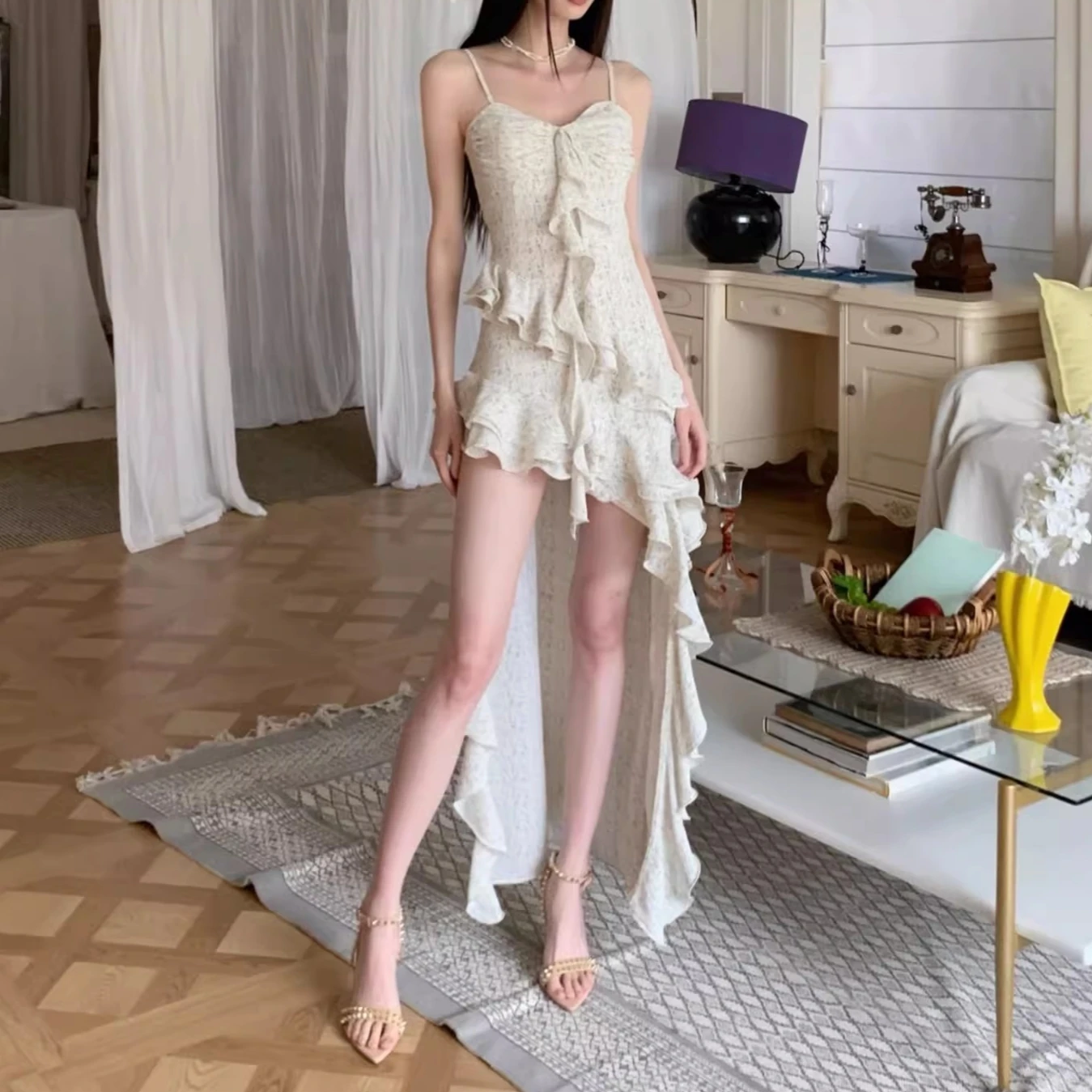 

Винтажное сексуальное женское платье, облегающее платье с оборками, элегантное женское платье на тонких бретельках, вечерняя одежда с высокой талией