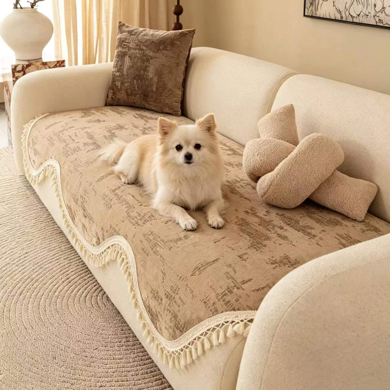Geometric Jacquard Soft Velvet Non-Slip Sofa Cover, for Autumn/Winter Cozy Couch Seat Cover Pet Friendly Furniture Protector