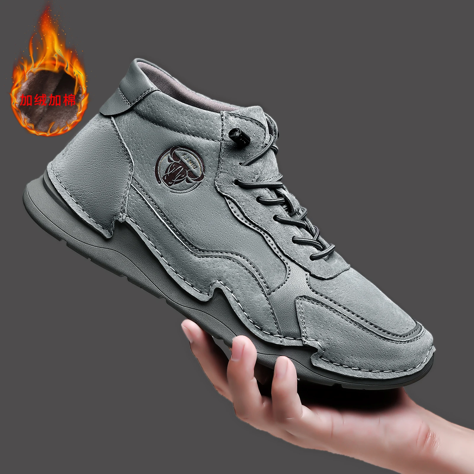 

Big size men's pigskin suede casual shoes genuine leather high-tops man grey ankle boots hard-wearing warm plush winter boots
