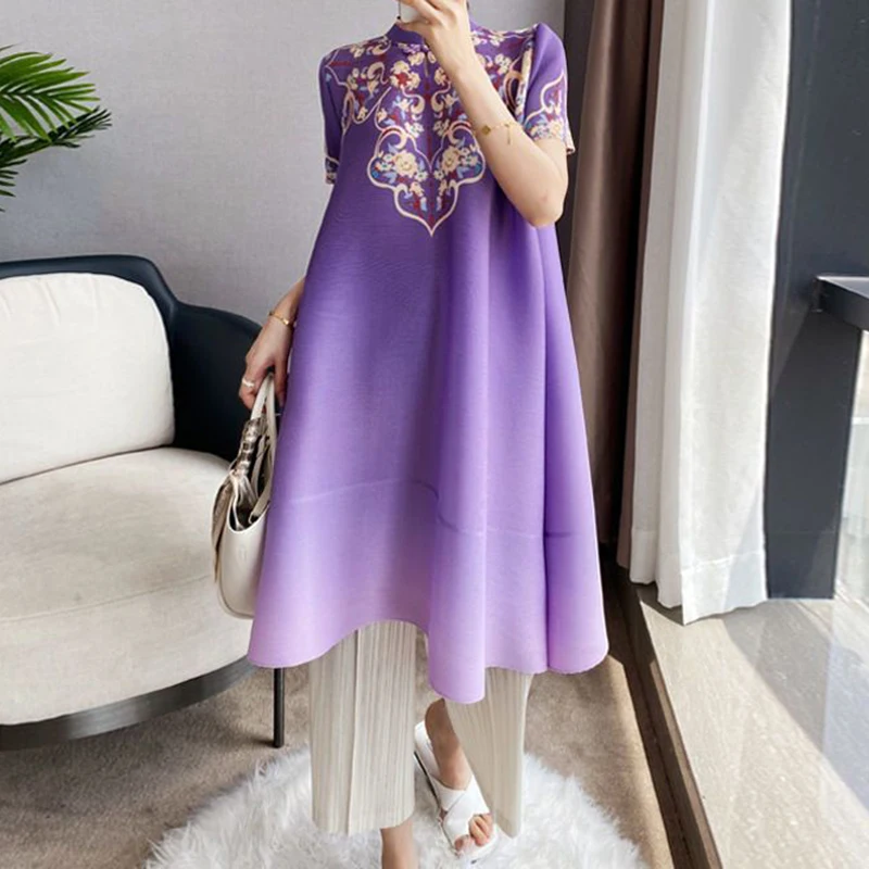 Pleated short sleeved A-line dress with printed oversized women's evening dresses 2023 for wedding