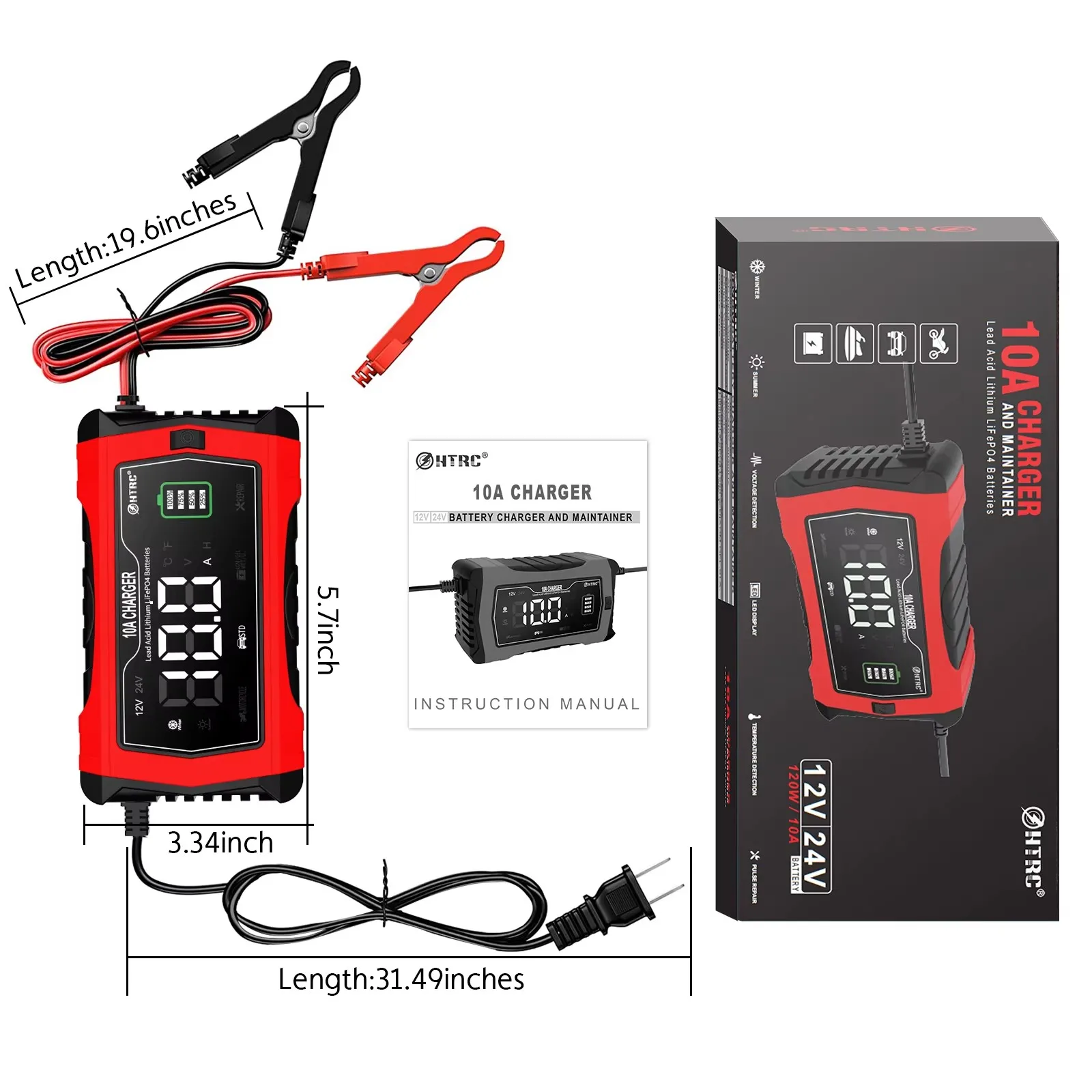 HTRC 10A Car Battery Charger For Lithium LiFePO4 AGM GEL Lead-Acid Batteries 12V 24V Motorcycle Auto Pulse Repair Smart Charging