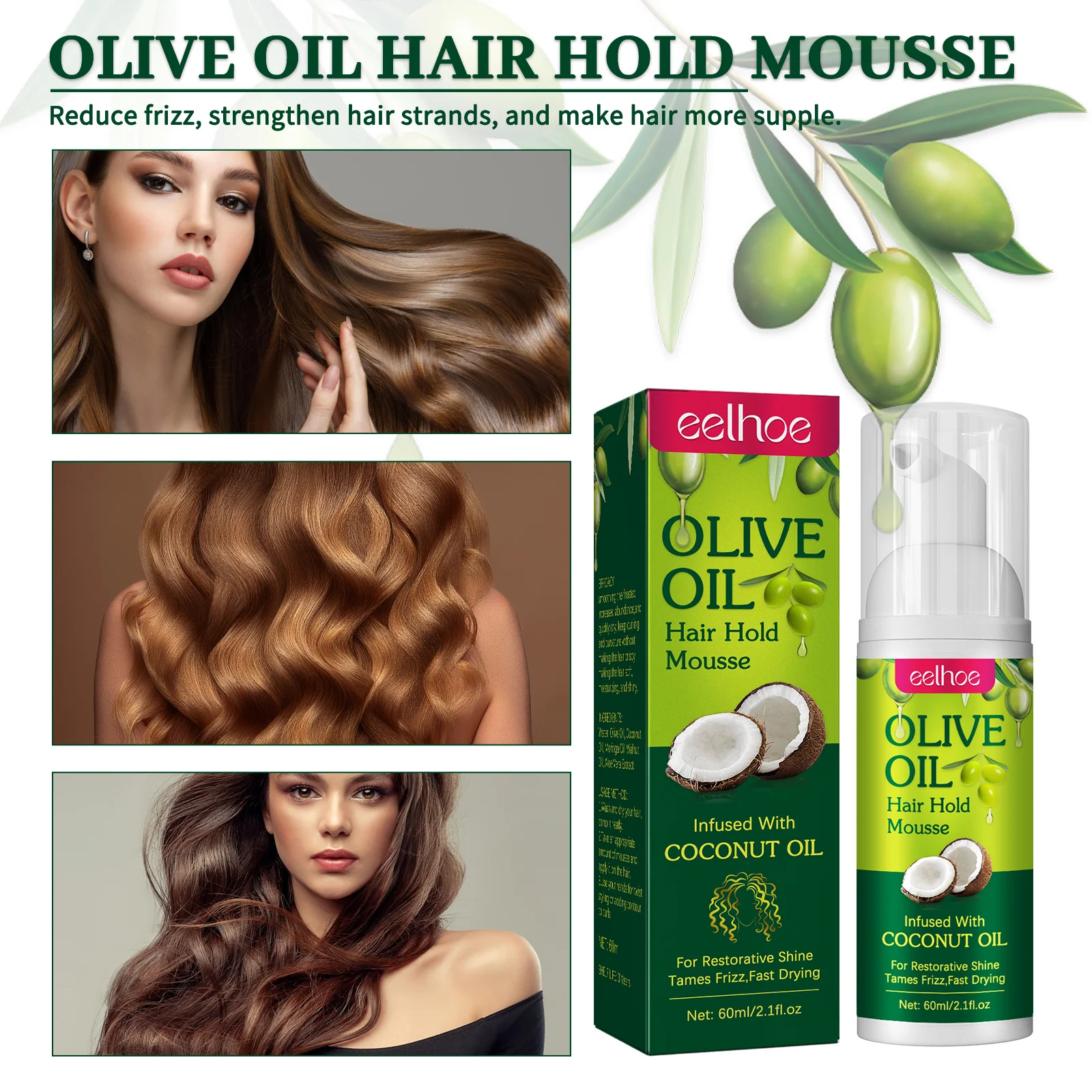 EELHOE Olive Oil Hair Styling Mousse Support Curly Hair Styling Long-lasting Moisturizing Anti-frizz Knot Mousse Hydrating Oil