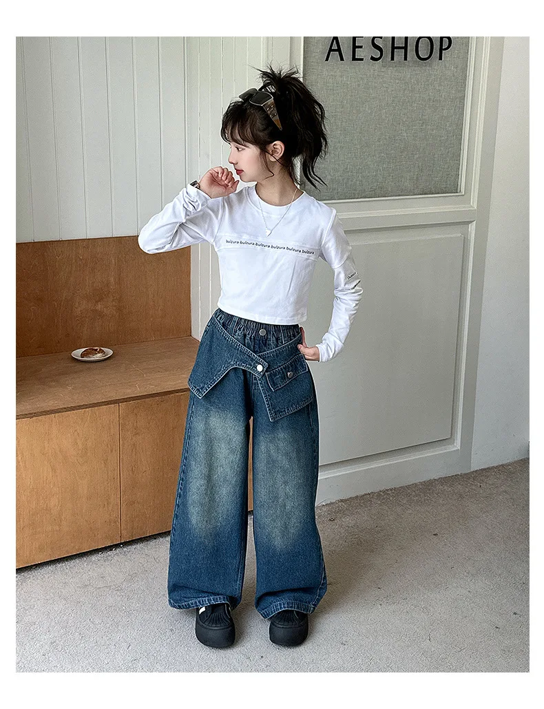 

Kids Girl 2pcs Outfit Autumn Korean School Girl Letter Printed Round Neck Top Children Girls Patchwork Denim Pant 4-14Y Girl Set