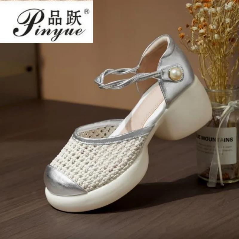 

Women's hollow-out cow leather 6cm chunky heel platform sandals sexy ladies ultra high heel Bohemia style dress heeled shoes