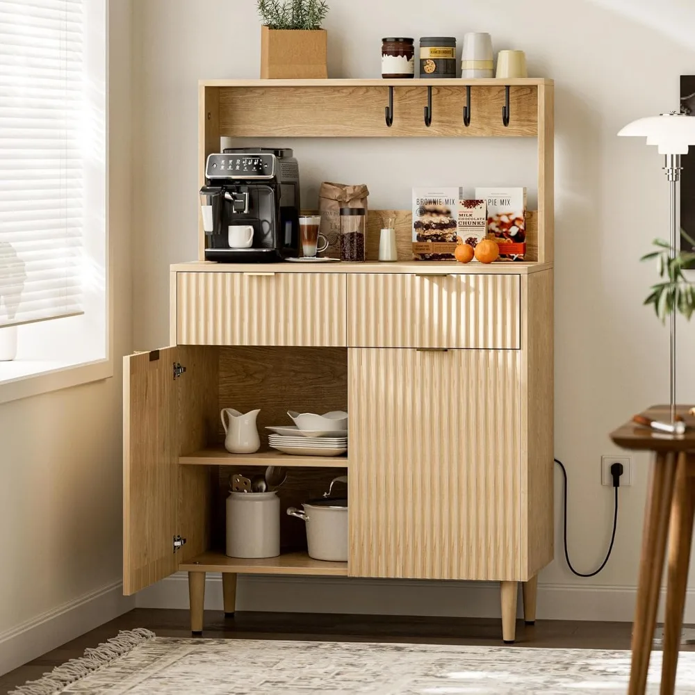 

Sideboard Buffet Cabinet with Storage, Modern Coffee Bar Cabinet with Drawers, Cabinets, Shelves and Outlet, Fluted-Door Storage