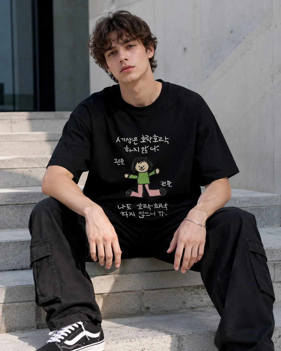 Men's Summer Hand Drawn Cartoon Letter Print Short Sleeve Loose Basic T-shirt For Y2K Street Daily Simple Fashion Casual Wear