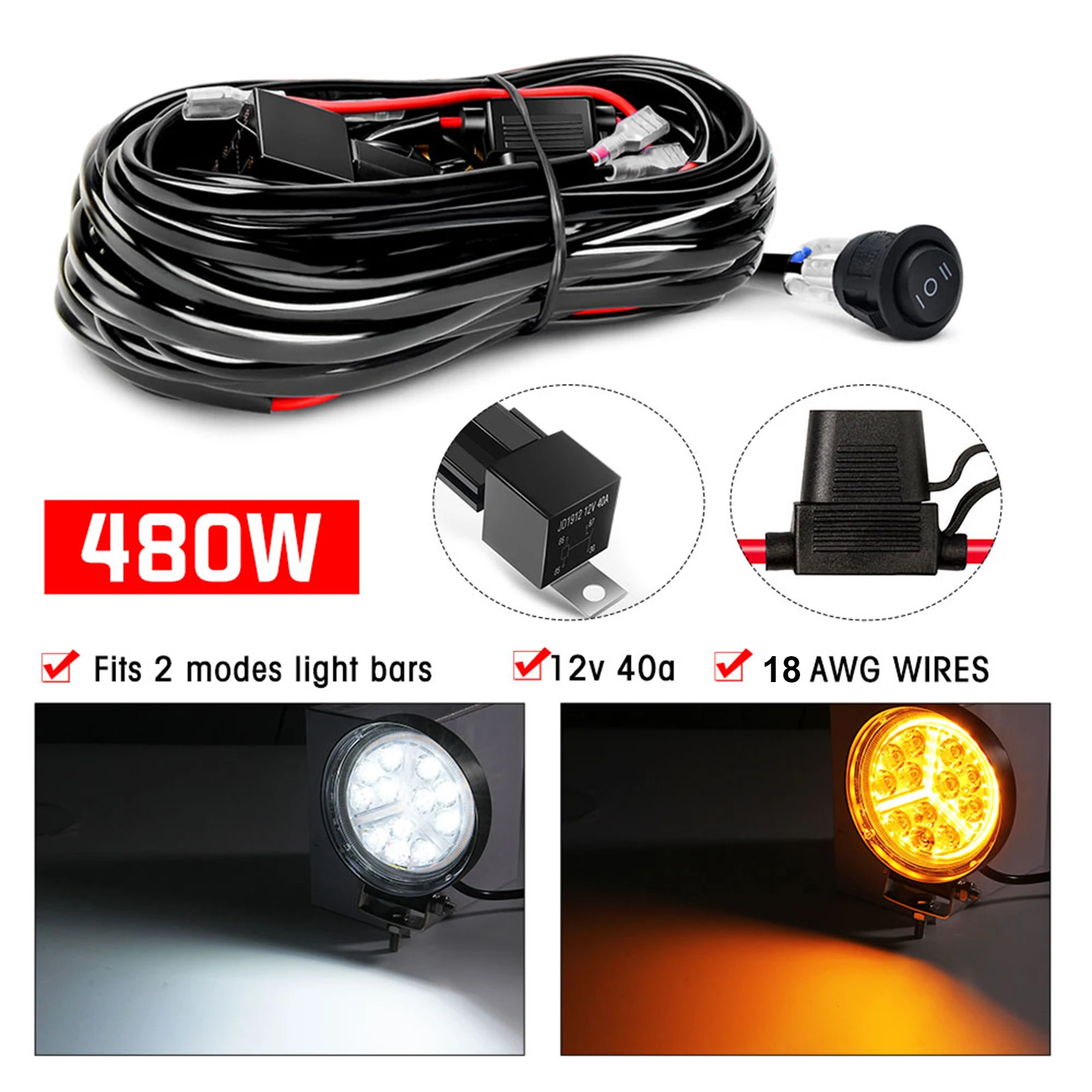 LED Light Bar Wiring Harness Kit 480W 2 Leads 18 AWG LED Wiring Harness with 12V 40A Relay and Waterproof Control Switch