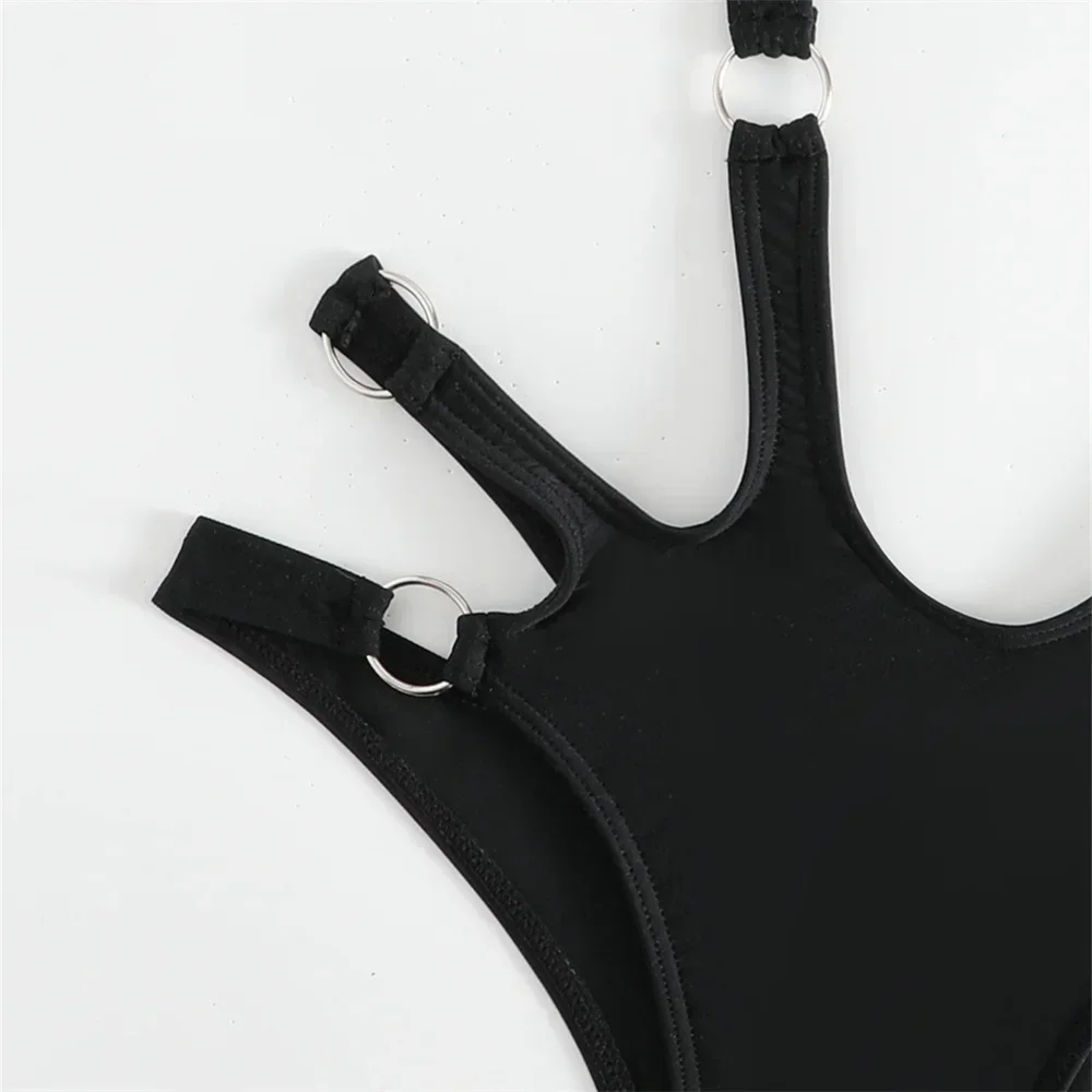 Black Punk Bikini Rings Sexy Bandage Luxury Swimsuit Cut Out Micro Bikinis Extrem Push Up Monokini Women Goth Swimwear Beach Set