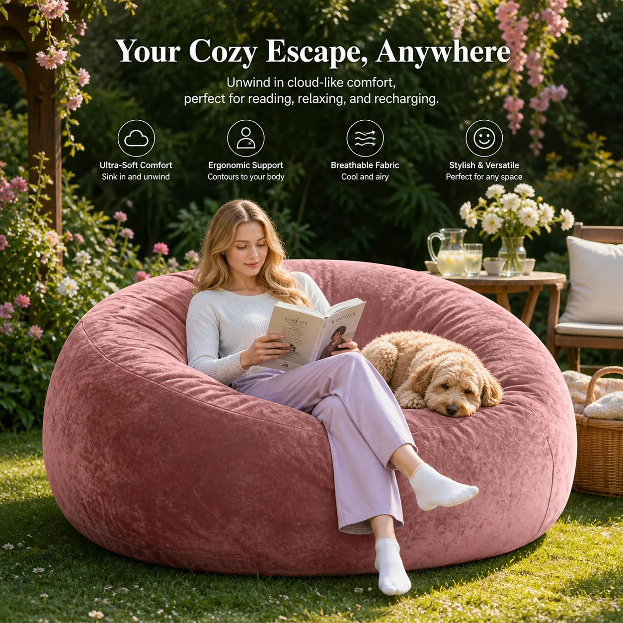 

120CM×120CM×60CM, adult beanbag chair with padded beanbag inside, memory foam chair, soft flannel washable cover, ideal reading seat for bedrooms and dorms.