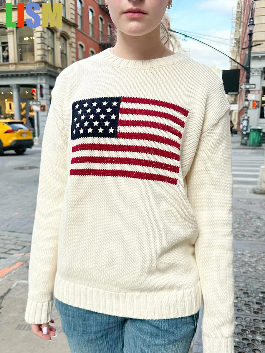 

LISM 2025 Streetwear Y2k Retro Sweater Star Print Long Sleeve Crew Neck Knit Top 2000s Vintage Sweater women's winter clothes