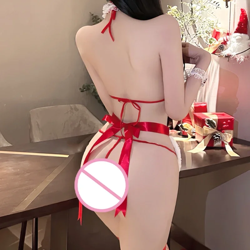 Women Sexy Lingerie Christmas Roleplay Costume Plush Bikini Apron Bracelet Bell Neck Ring Pajamas Lace Up Erotic Outfit Temptati