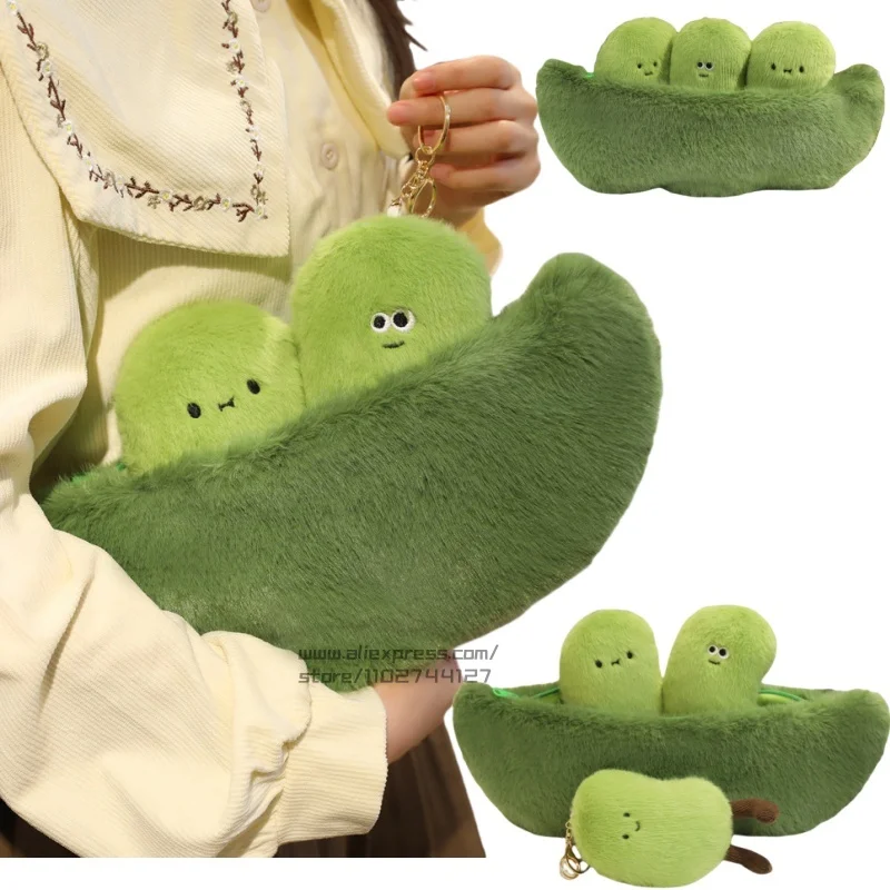 Cute Baby Green Soybeans Plush Plant  In A Bean Capsules 3 Mini Beans Vegetable Hug Throw Pillow Cushion for Kids Birthday Gift