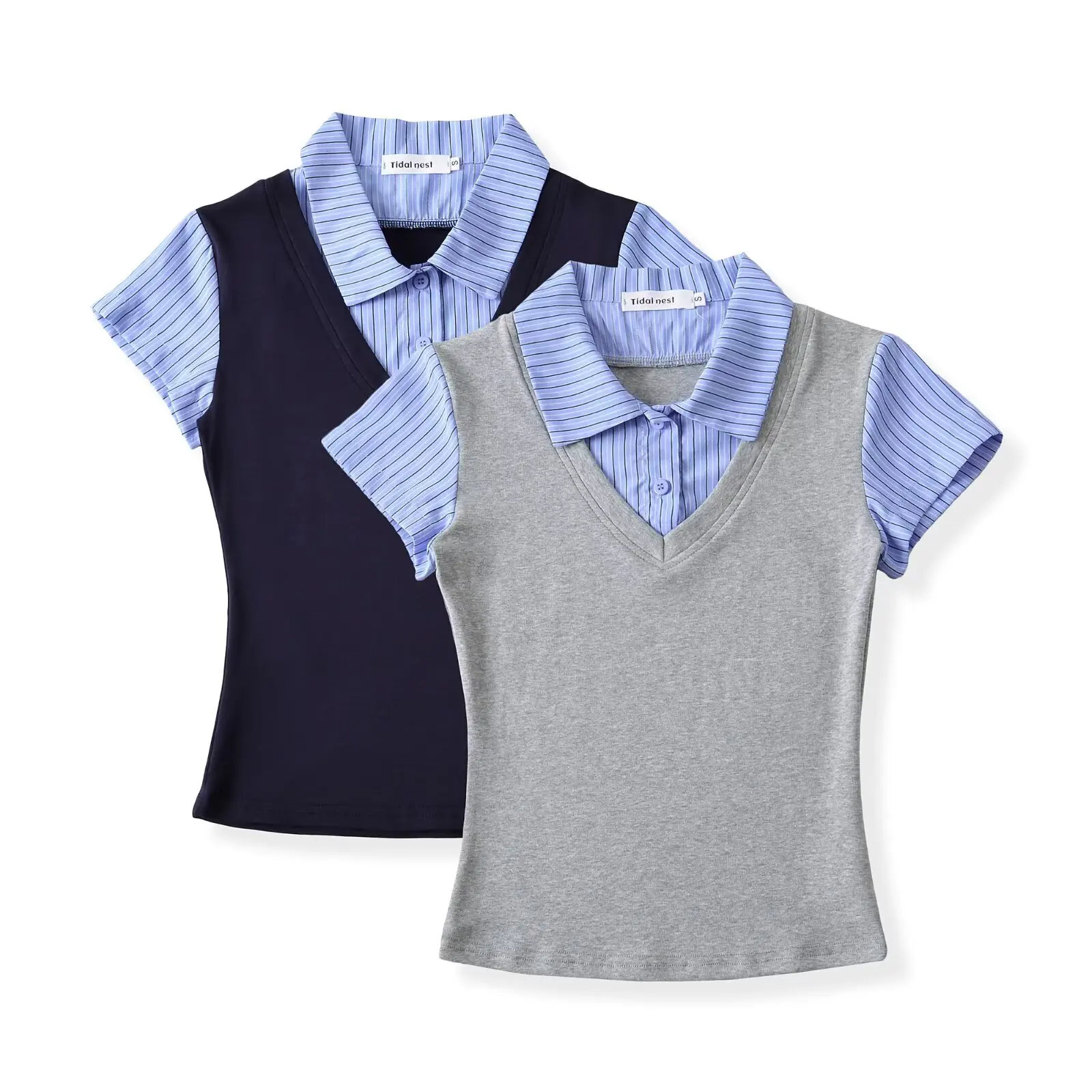 قميص ZBZR الربيعي الجديد ذو الطراز الأمريكي الرجعي، قميص نسائي قصير الأكمام بتصميم مرقّط، ياقة بولو، نمط مخطط، مناسب للجسم.