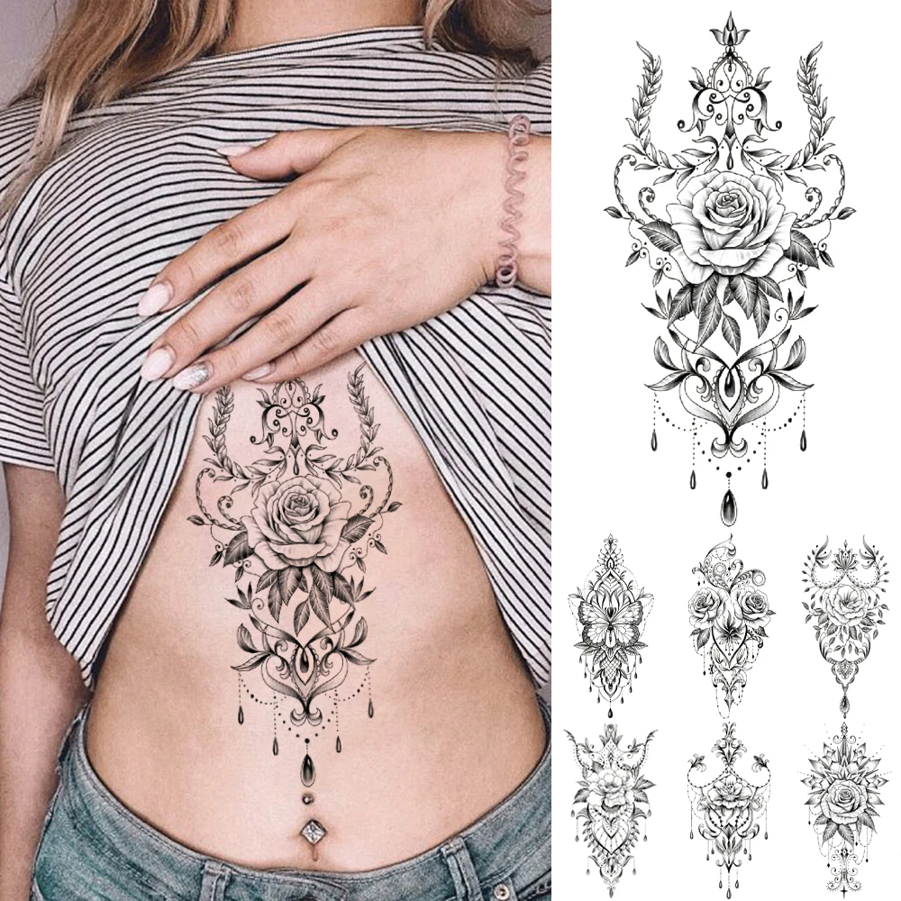 

Waterproof Temporary Tattoo Sticker Flowers Waist Roses Flash Tatto Henna Mehndi Totem Hand Body Art Arm Fake Tatoo Men Women