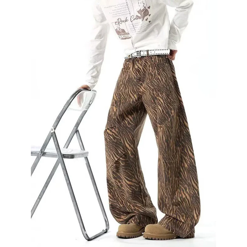 2026 New Autumn Tiger Striped Denim Pants Fashionable Casual Low Waisted Wide Leg Jeans With Pockets Hot Sale