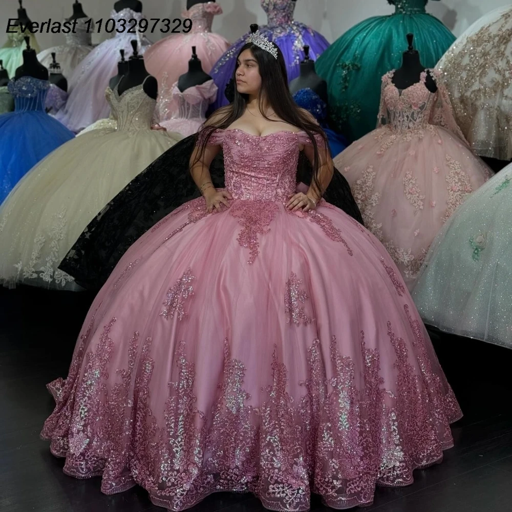 Evlast Hete Roze Quinceanera Jurk Baljurk Glanzende Pailletten Kanten Kralen Strik Korset Sweet 16 Vestido De 15 Anos Qd1046