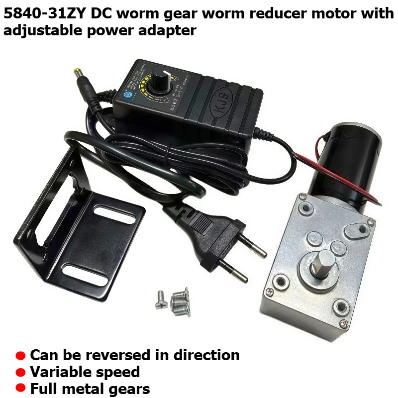 5840-31ZY Miniature DC Speed Reducer Motor with Permanent Magnet Worm Gear 24V Self-locking with Adjustable Power Adapter