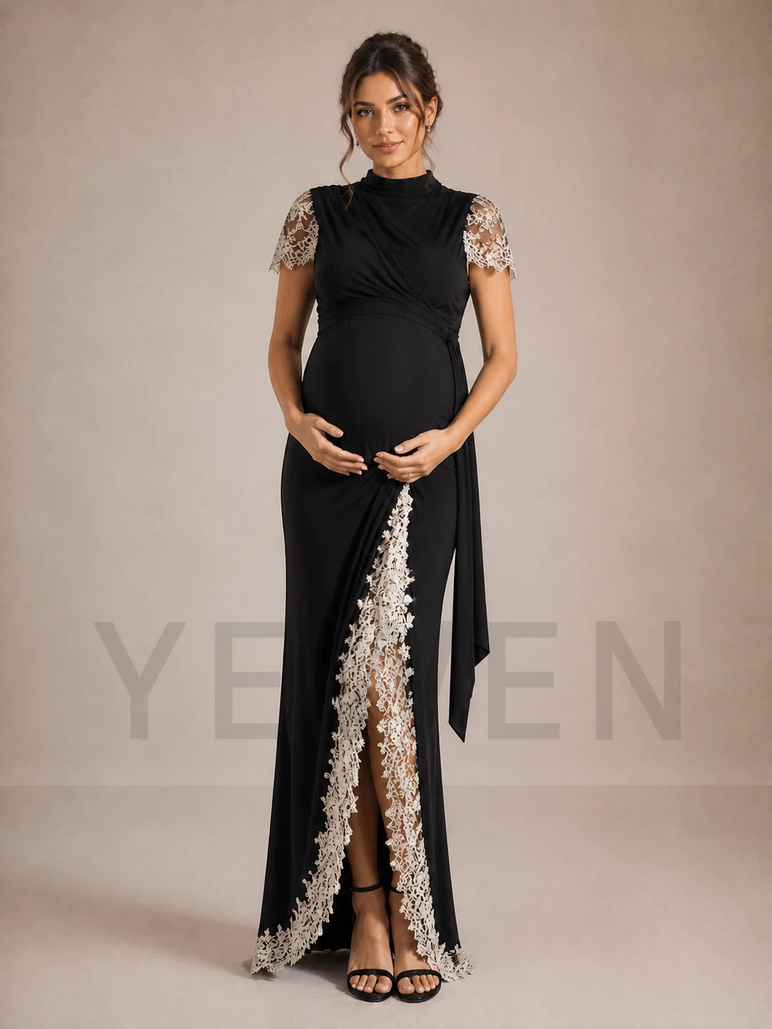 Black Maternity Baby Shower Dress Mock Neck Gown with Lace Split Skirt ZX007