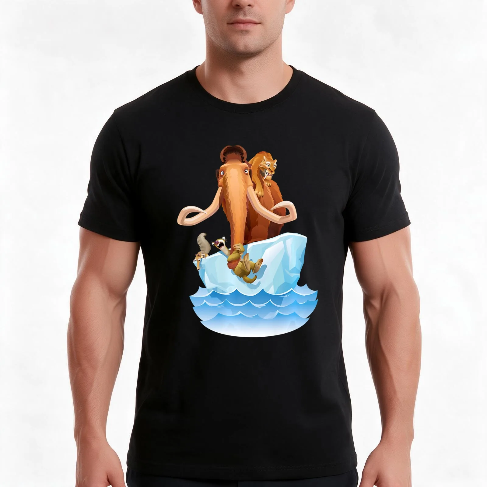 Ice Age Manfred Diego Sid and Scrat on Iceberg T-Shirt, Summer Casual Cotton Tee, Oversized Streetwear Tops, Unisex Men Women