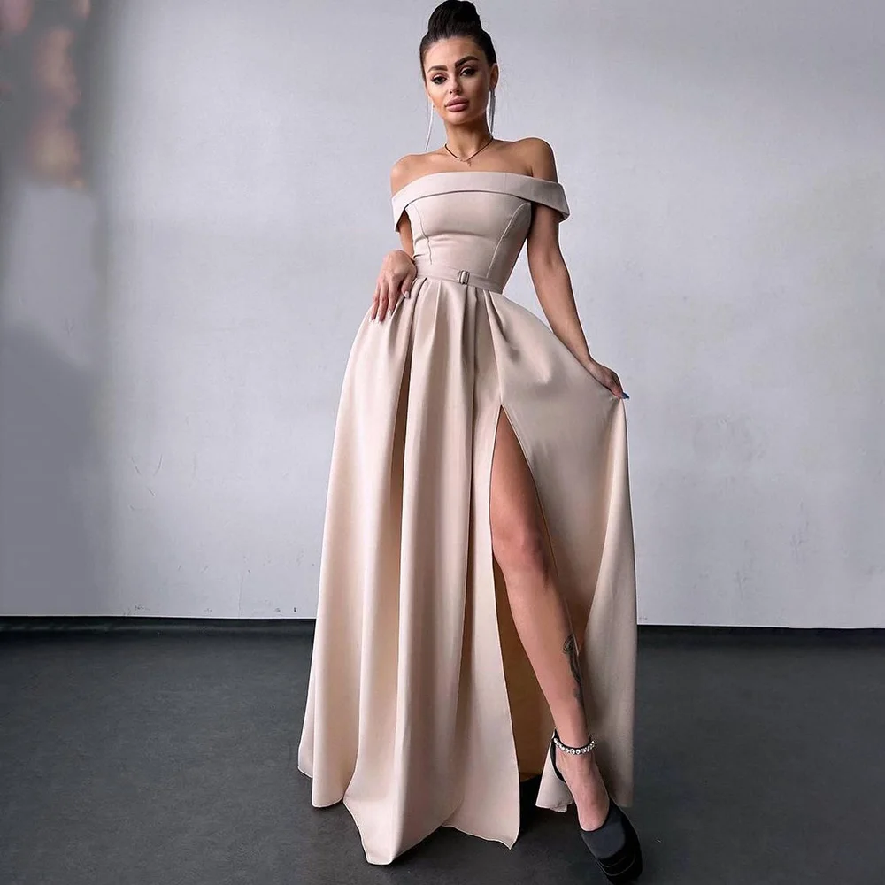 Simple Boat Collar Satin Pleated Evening Dress Backless Belt Evening Party Gown with Side High Slit Court vestidos novias boda