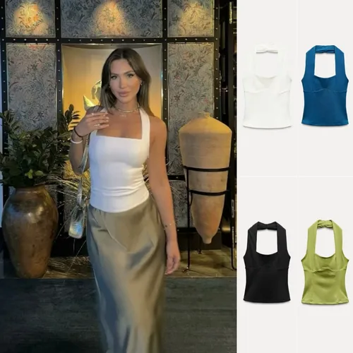 ETJ 2024 Otoño/Invierno nuevo top clásico básico sexy plisado elástico con cuello colgante sin mangas 3644320