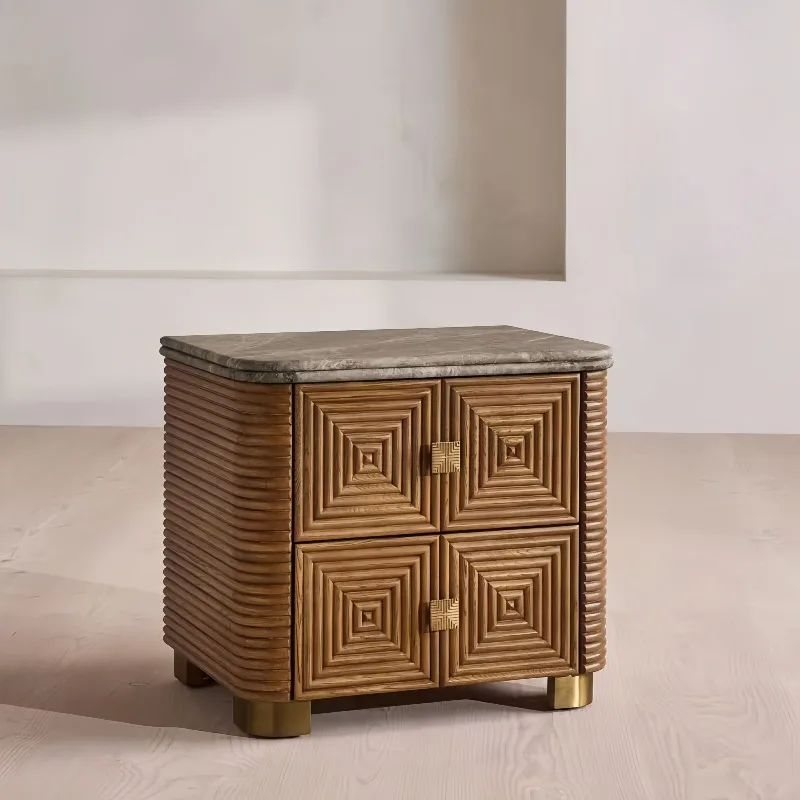 Geometric texture Square storage cabinet Medium antique solid wood marble countertop Bedside table