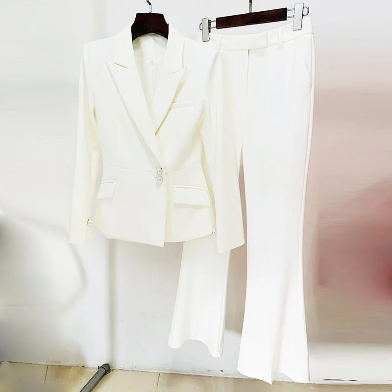 2025 New Fashionable And Minimalist Style Pearl Button Slim Fit Suit With Micro Flared Pants Set, Two-Piece Set