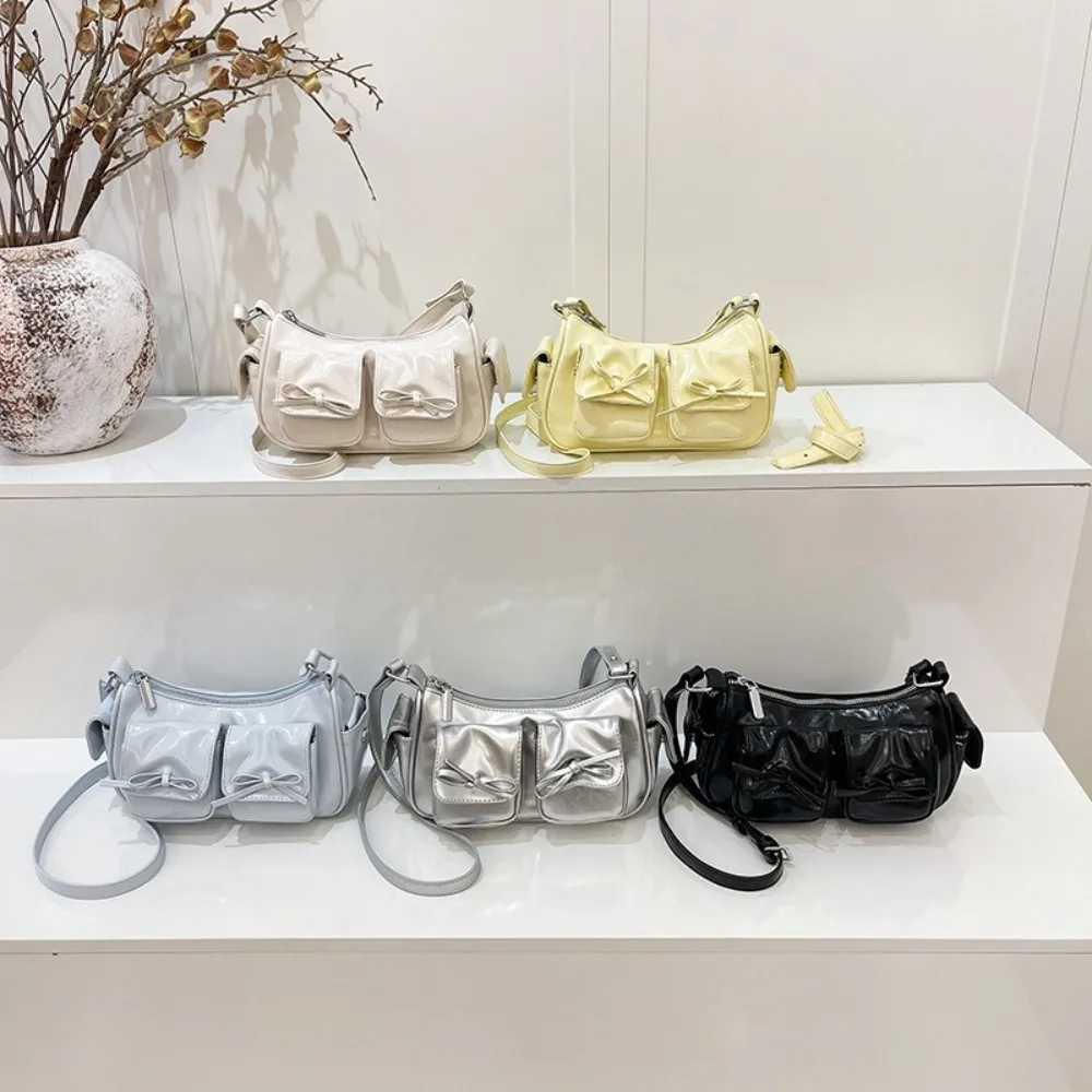

Multiple Pockets Bow Crossbody Bag Korean Style Y2K PU Leather Underarm Bag Zipper Adjustable Shoulder Strap Women Handbag Women