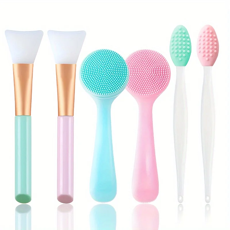 Conjunto de escova de limpeza facial manual de silicone, 6 peças, remoção de cravo para limpeza profunda e esfoliação suave, aplicador de máscara facial