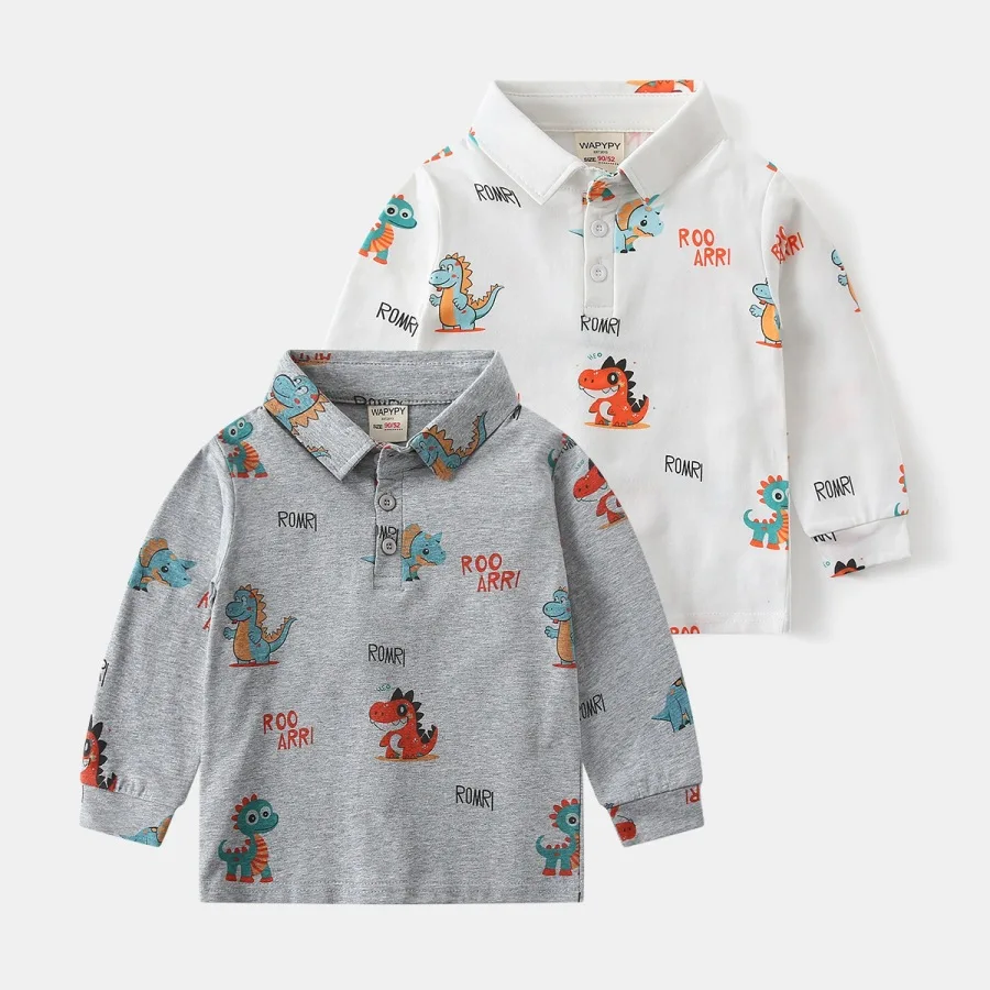 New 2026 Boys Spring Autumn Fashion Polo Shirts Children's Cartoon Dinosaur Long Sleeve Lapel Shirt Tops Kids Casual Clothing