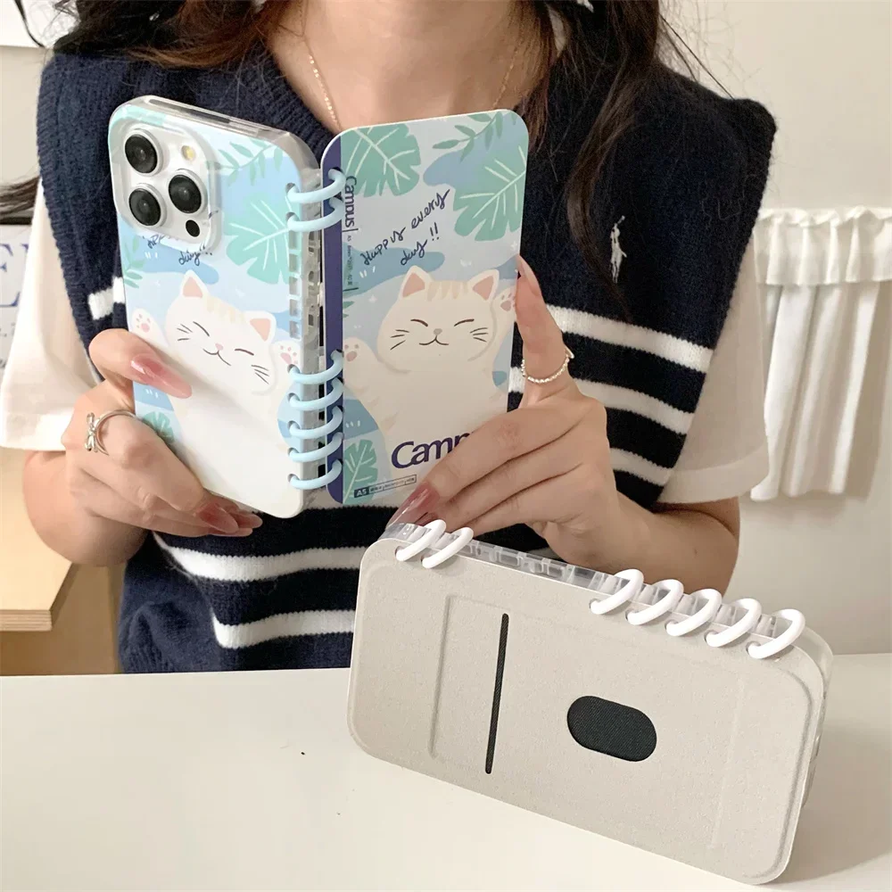 Cute Cat Spiral Notebook Style Flip Phone Case For iPhone 16 Pro Max 15 14 13 Crad Slot Holder Stand PU Leather Shockprrof Cover