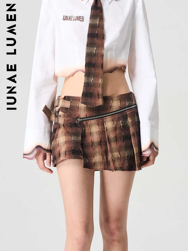 

IUNAE LUMEN Оригинальный дизайн, осень 2023, женская клетчатая юбка с градиентным окрашиванием, короткая юбка А-силуэта, ретро-стиль, застежка на молнии