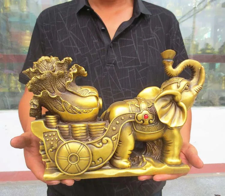 34CM #  HOME office SHOP TOP Money Drawing GOOD LUCK Mascot Thailand India elephant GOD FENG SHUI Brass statue