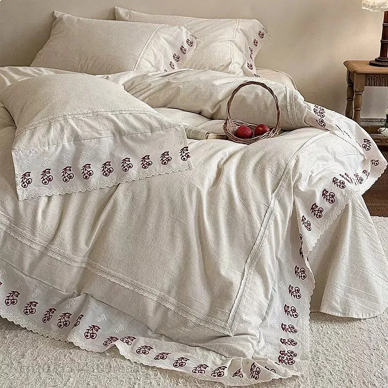 French Soft Cotton Linen Cherry Embroidery Bedding Set Breathable 4Pcs Queen King Size